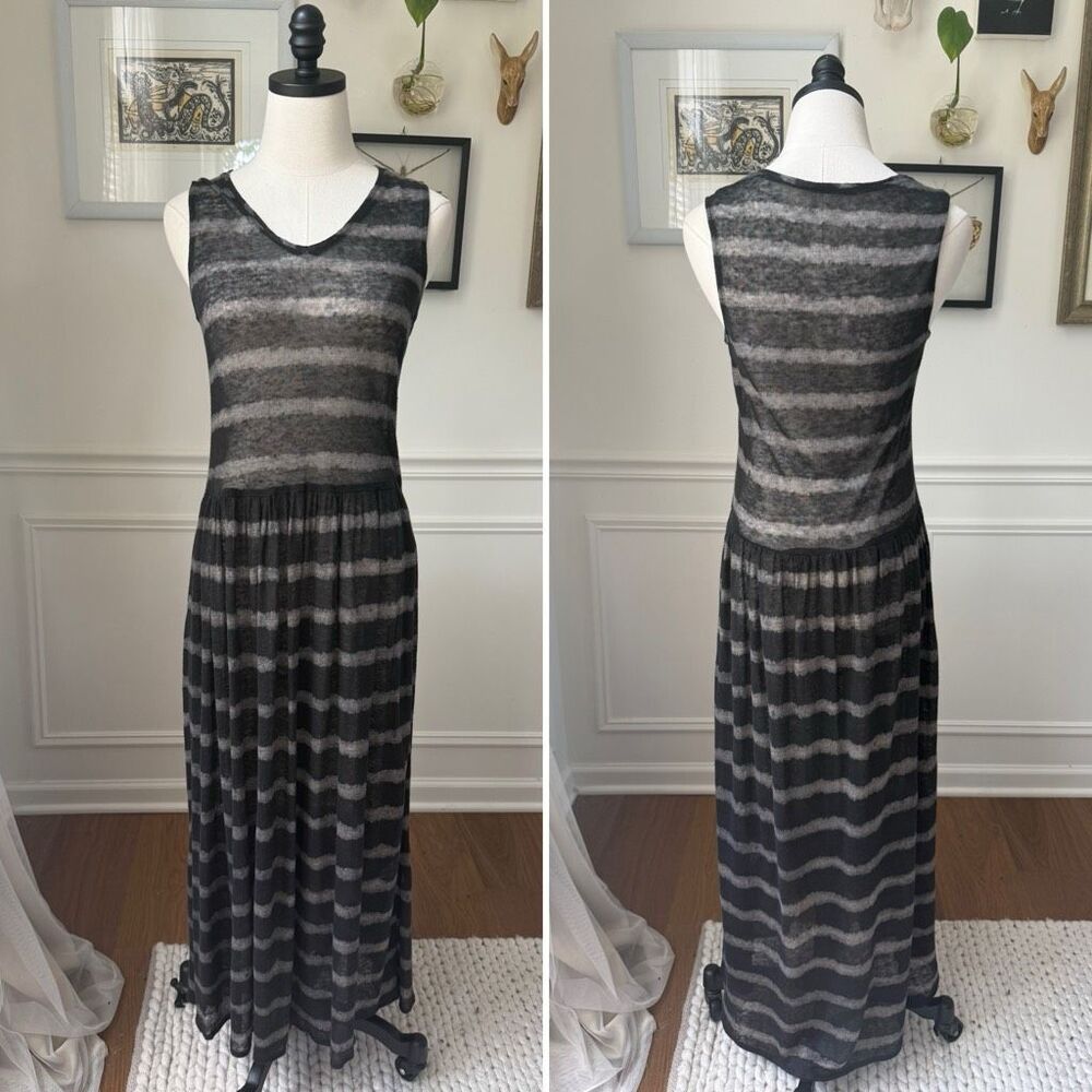 Jarbo 100% Linen Maxi Dress Sheer Black Grey Watercolor Stripe $368 0 S M
